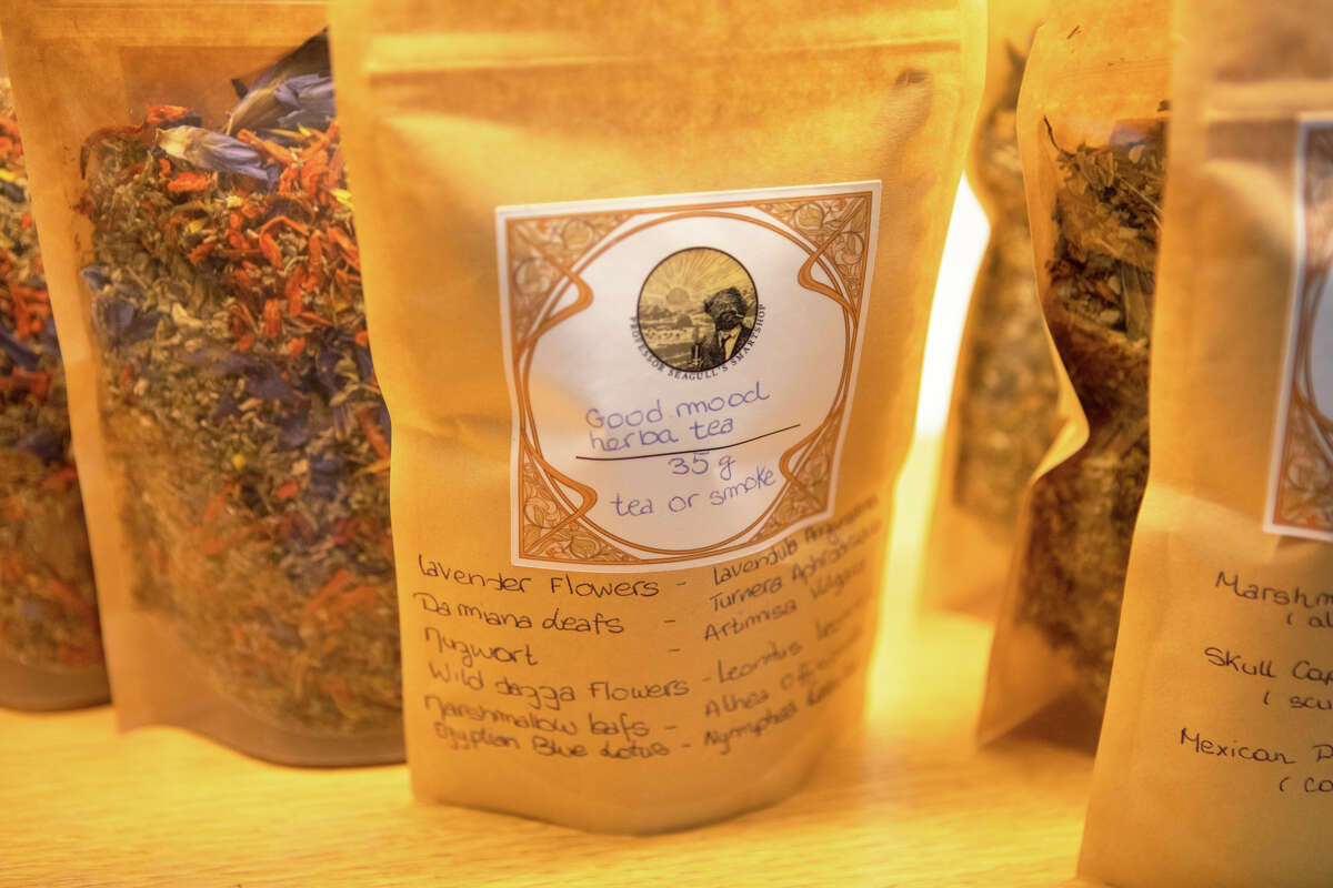 Some of the herbs that can be consumed in a tea or smoked at Professor Seagull?•s Smartshop in San Francisco, Calif. on May 19, 2022. The shop specializes in obscure and legal psychedelics.