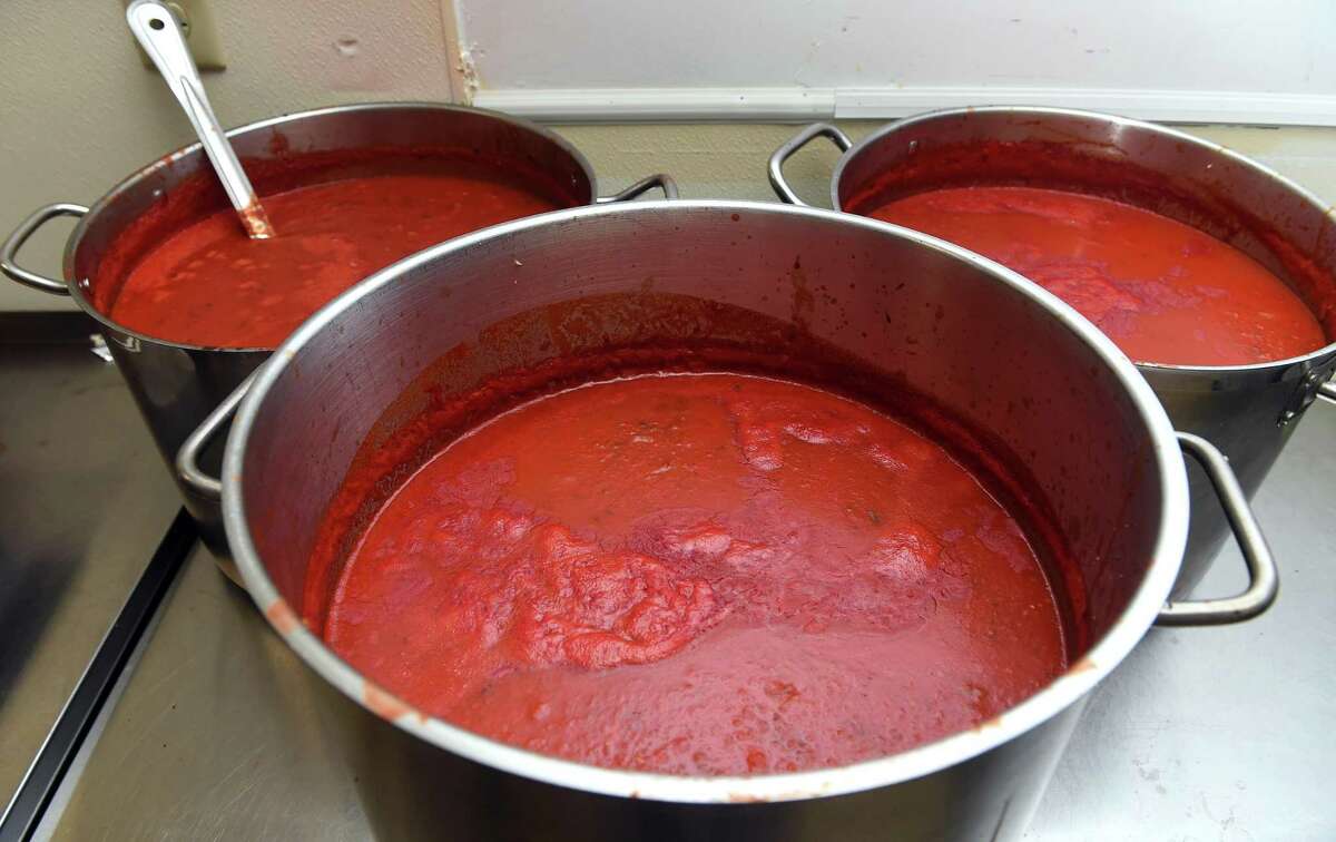 Pots of pomodoro sauce are photographed at Nonna Gina’s Prepared Foods and Gelateria in Branford on May 19, 2022.