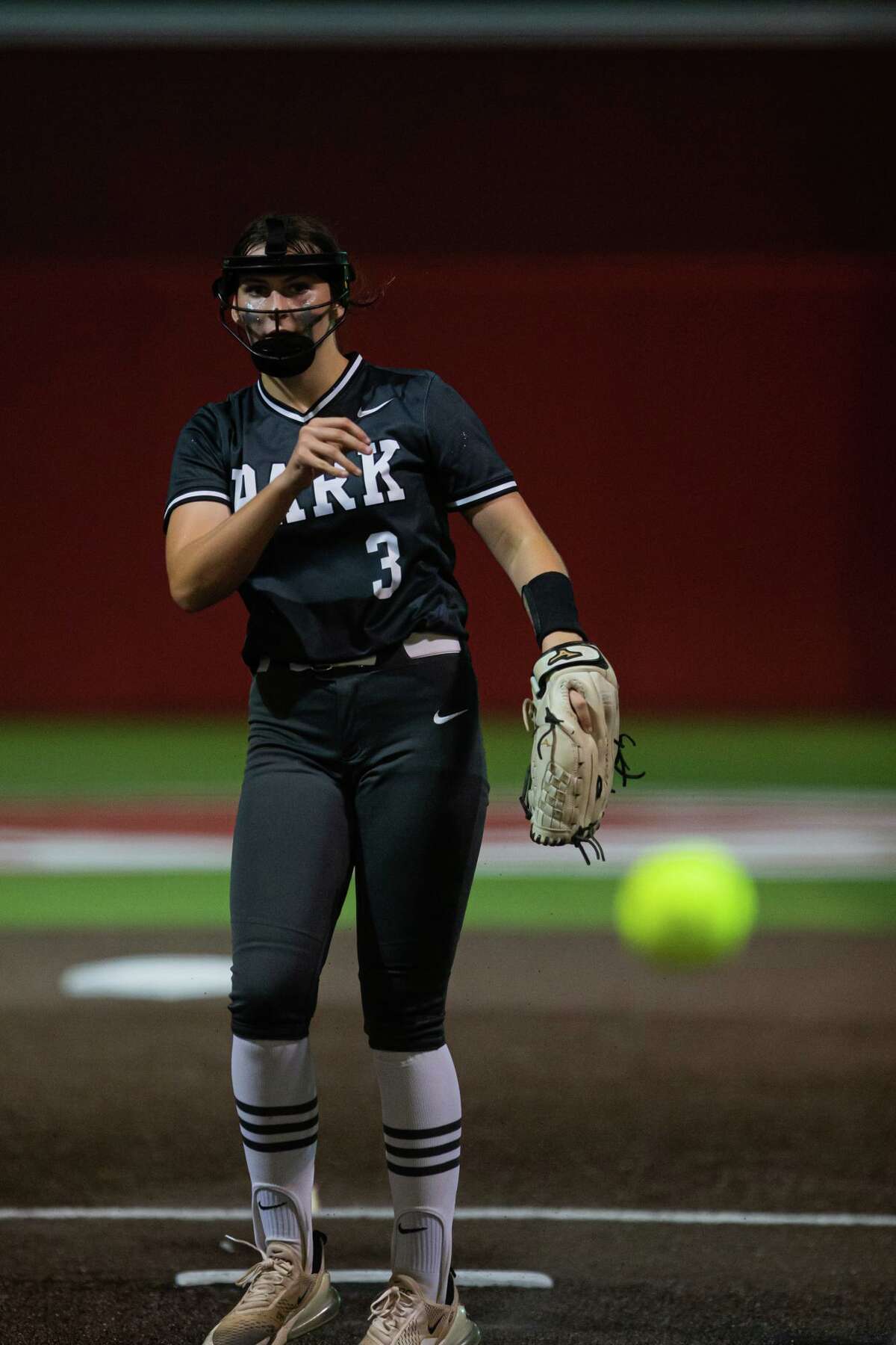 Kingwood Park pitcher Erika Savage (3) pitching against Santa Fe during a High school softball playoffs Region III-5A semifinals, one-game playoff Santa Fe vs. Kingwood, Thursday, May 19, 2022, in Crosby. Santa Fe defeated Kingwood Park 9-0. (Juan DeLeon/Contributor)