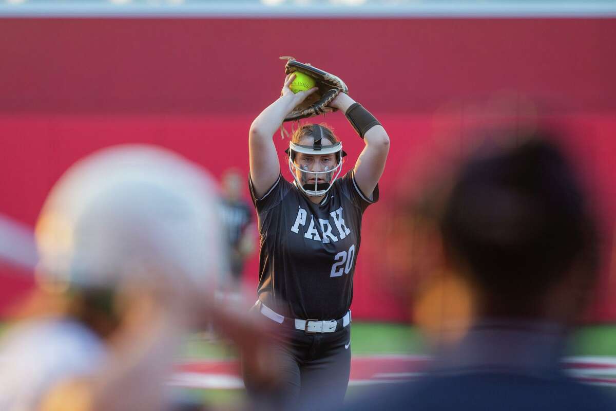 Kingwood Park pitcher Hannah Leierer (20) prepares to pitch during a High school softball playoffs Region III-5A semifinals, one-game playoff Santa Fe vs. Kingwood, Thursday, May 19, 2022, in Crosby. (Juan DeLeon/Contributor)