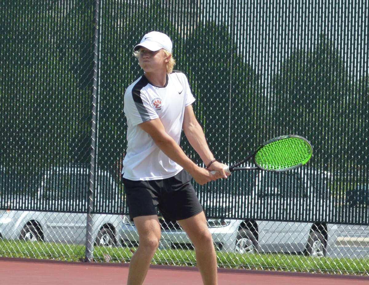 Sam Motley at the Class 2A Edwardsville Sectional on Friday. Motley and doubles partner Jace Ackerman advanced to the sectional semifinals and qualified for state. 