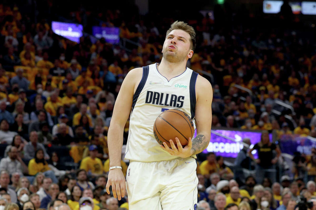 Dallas Mavericks star Luka Doncic reacts to a play against the Golden State Warriors at Chase Center on May 18, 2022 in San Francisco, California.