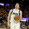 Dallas Mavericks star Luka Doncic reacts to a play against the Golden State Warriors at Chase Center on May 18, 2022 in San Francisco, California.