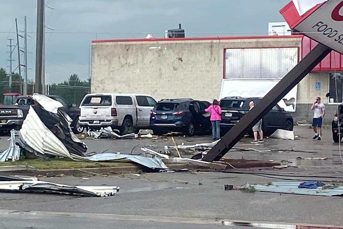 This image provided by Steven Bischer, shows damage following an apparent tornado, Friday, May 20, 2022, in Gaylord, Mich. (Steven Bischer via AP)