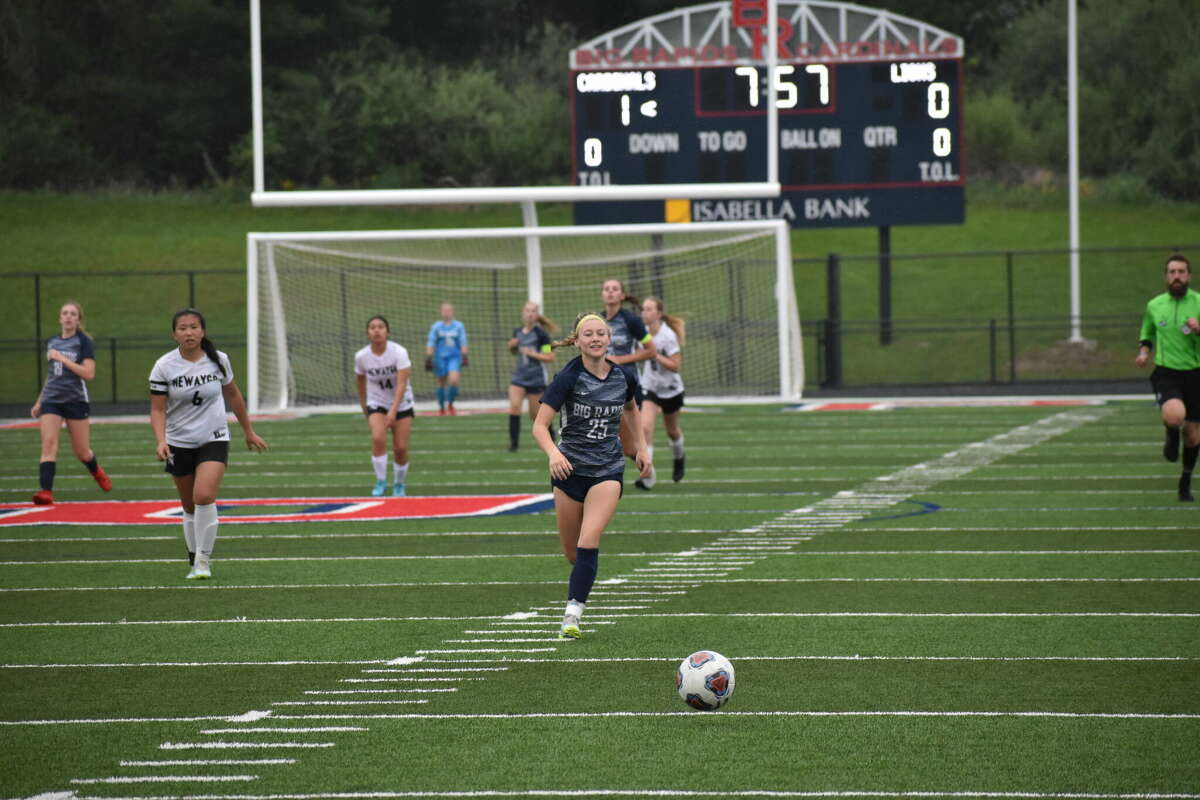 Kyra Couch chases after a pass with less than eight minutes left in the CSAA Championship Game. Couch would score Big Rapids' winning goal.