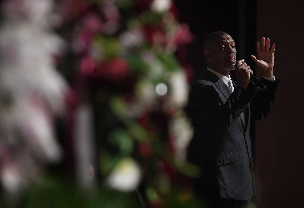 New Life Ministry Rev. Ira Brooks delivers the euology during a memorial service commemorating the life of 17-year-old Silsbee student and athlete Jayce Jones, who passed away last Thursday after battling brain cancer. Photo made Friday, May 20, 2022. Kim Brent/The Enterprise