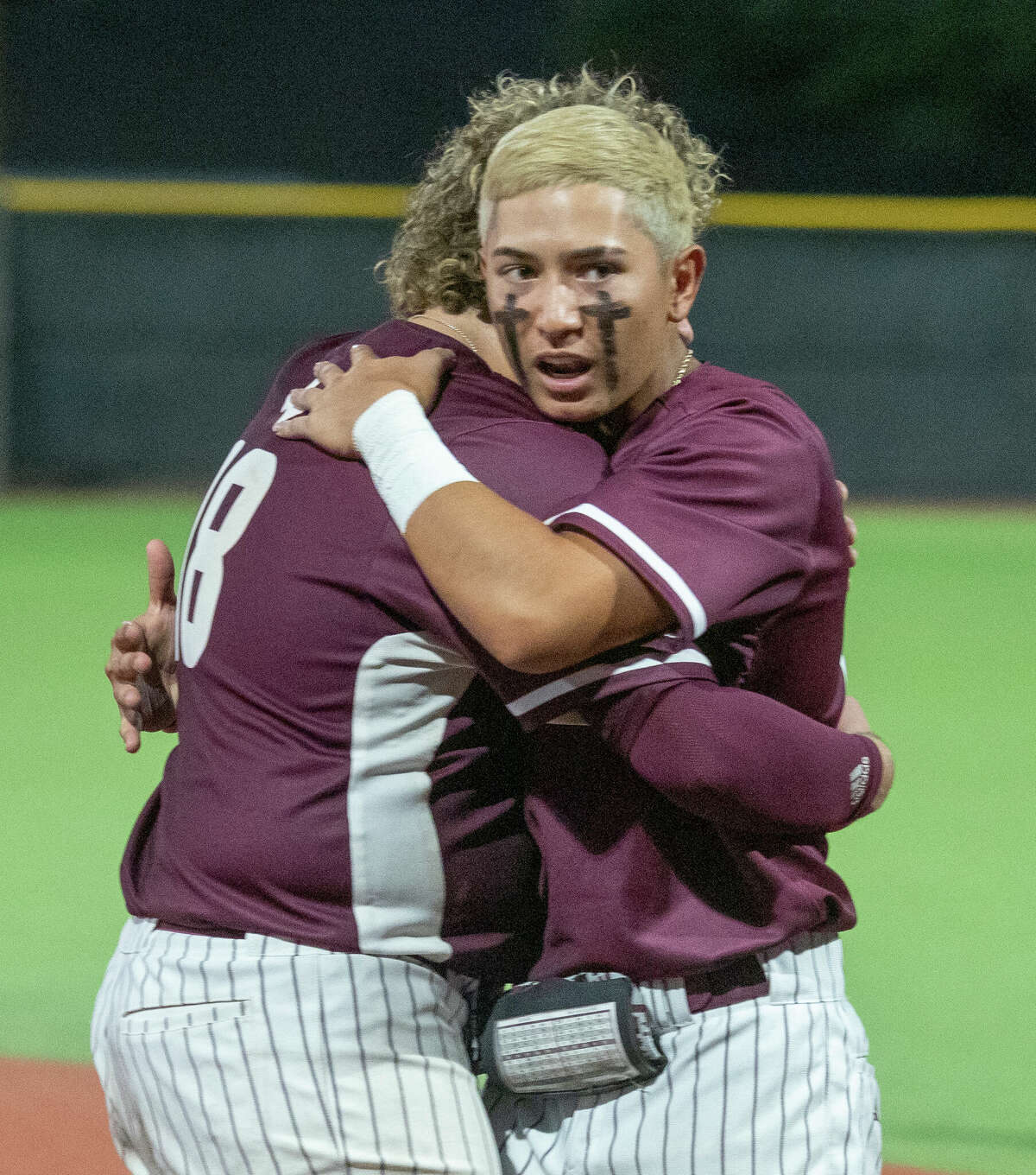 Legacy High players console each other as Keller High beats Legacy High 8-3 in game 2 of the Class 6A regional quarterfinal series to eliminate LHS 05/20/2022 at Ernie Johnson Field. Tim Fischer/Reporter-Telegram