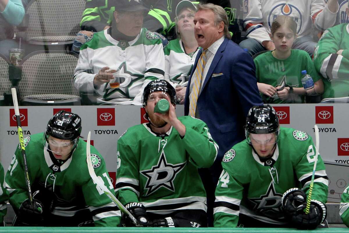 In this photo from March 22, 2022, head coach Rick Bowness of the Dallas Stars reacts as the Stars take on the Edmonton Oilers in the third period at American Airlines Center in Dallas, Texas. On Sunday, April 10, 2022, the Stars defeated theChicago Blackhawks, 6-4. (Tom Pennington/Getty Images/TNS)