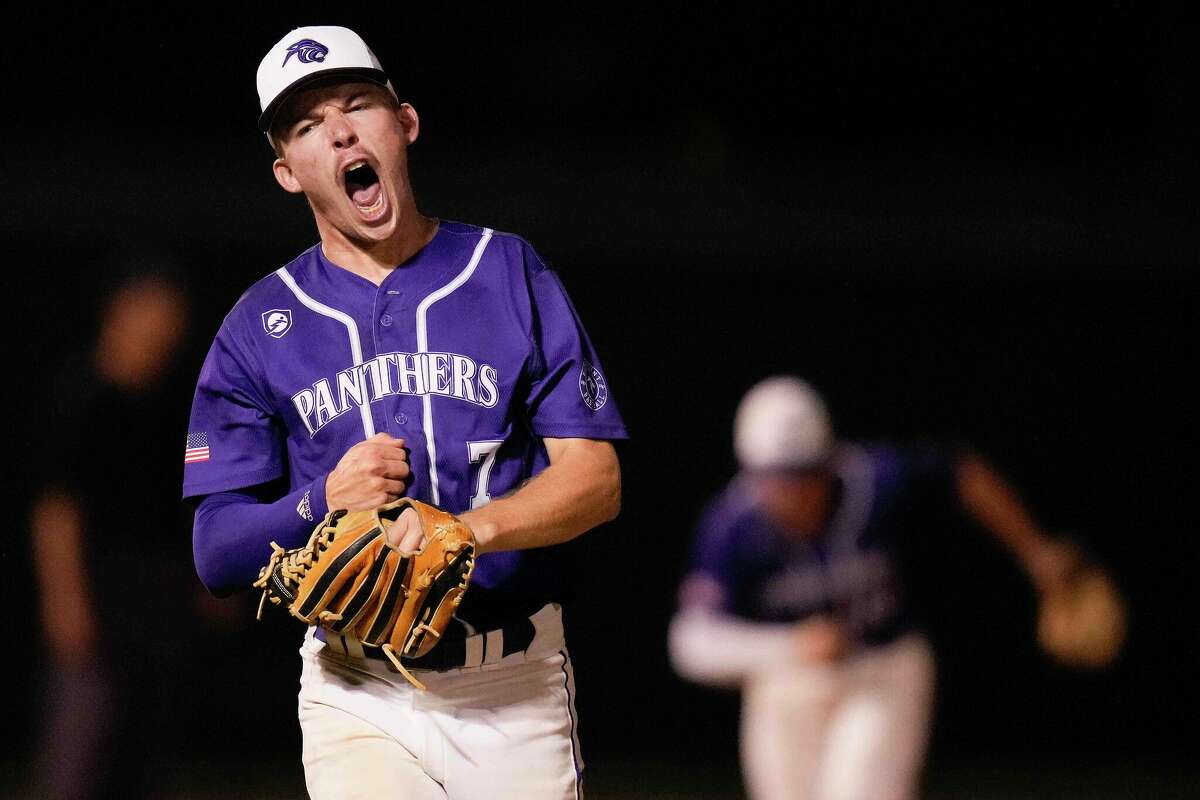 Ridge Point starting pitcher Hunter Nichols reacts after striking out Tompkins' Landon West to end the bottom off the fifth inning of Game 2 of a Region III-6A quarterfinal high school baseball playoff series, Friday, May 20, 2022, in Katy, TX.