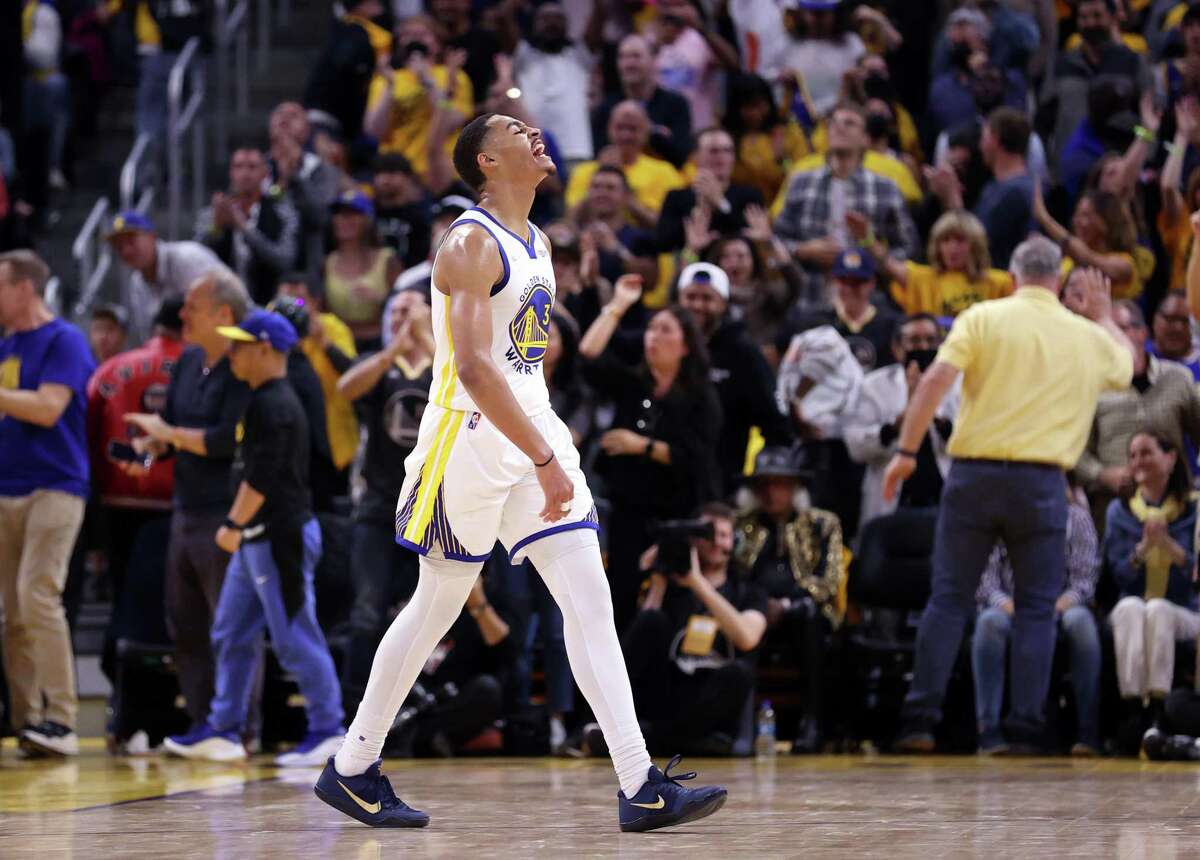 Golden State Warriors’ Jordan Poole celebrates one of his 4th quarter baskets during 126-117 win over Dallas Mavericks during Game 2 of NBA Western Conference Finals at Chase Center in San Francisco, Calif., on Friday, May 20, 2022.