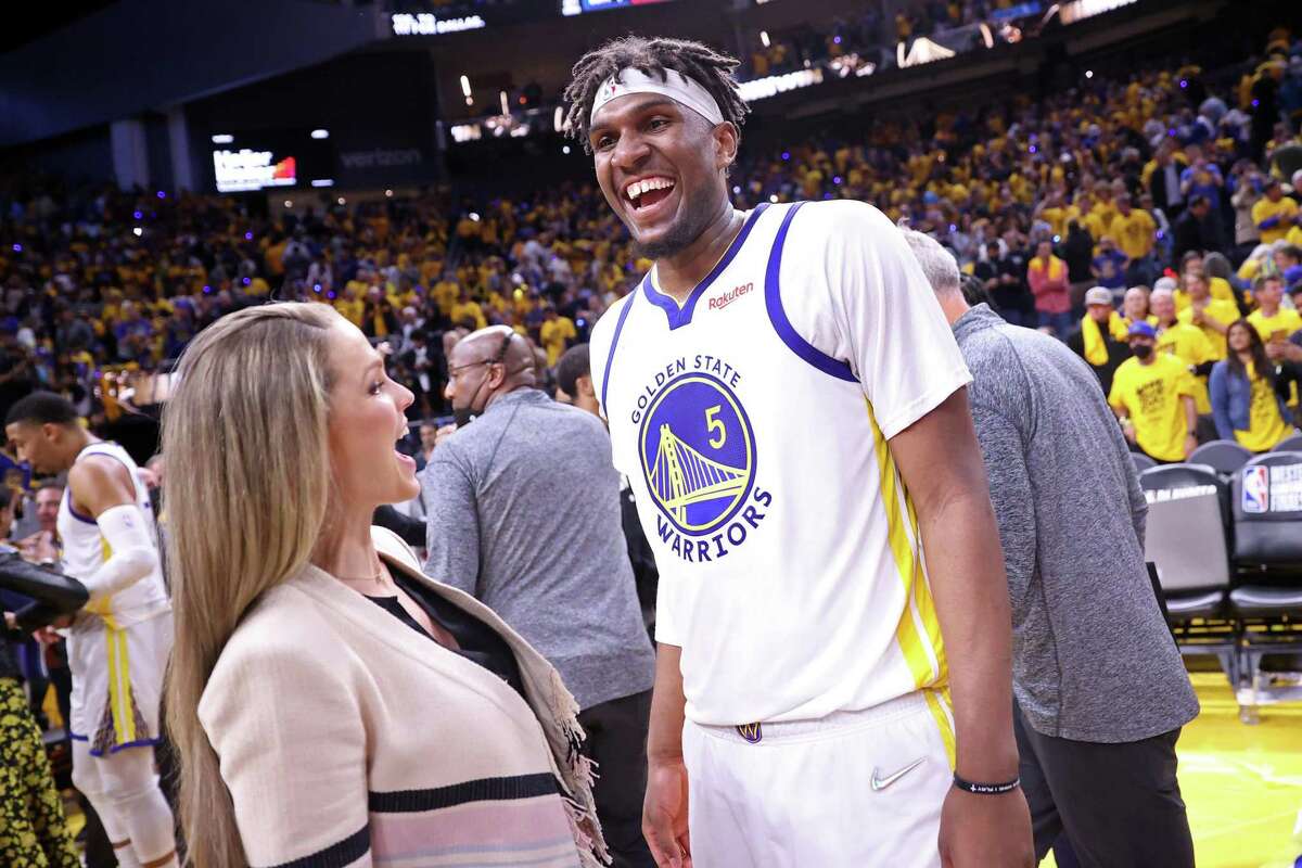 Golden State Warriors’ Kevon Looney smiles after 126-117 win over Dallas Mavericks in Game 2 of NBA Western Conference Finals at Chase Center in San Francisco, Calif., on Friday, May 20, 2022.