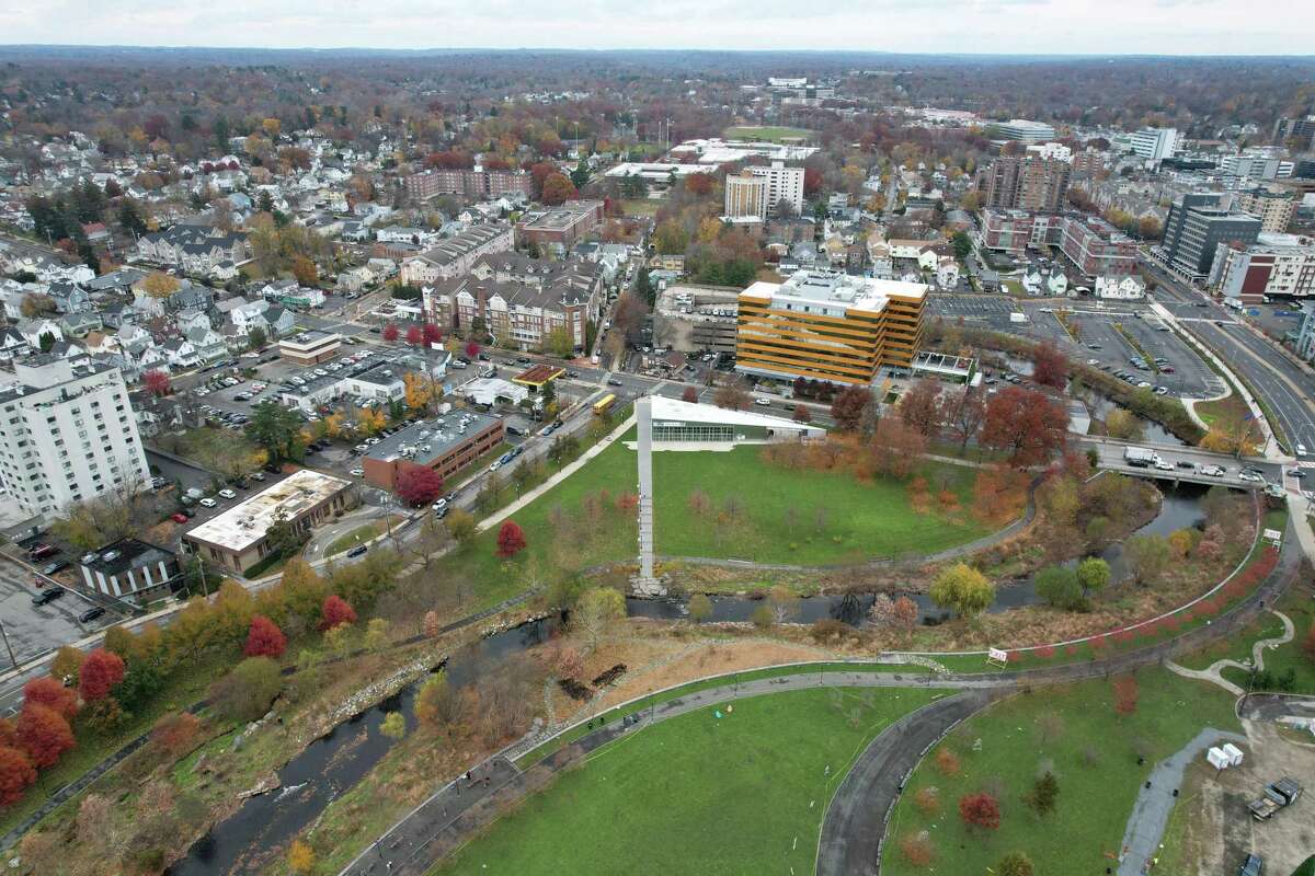 Mill River Parl is photographed from above in Stamford, Conn. Monday, Nov. 22, 2021.