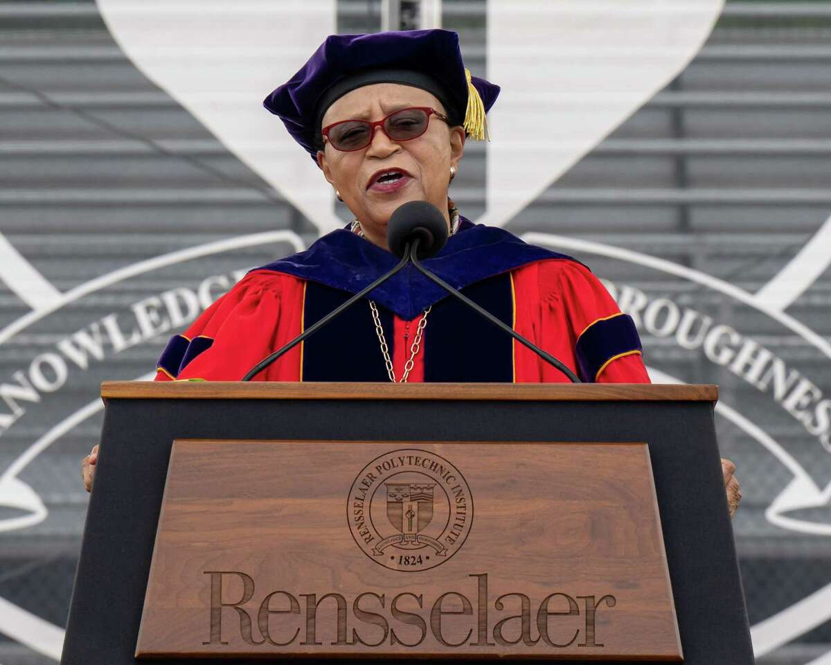 Outgoing Rensselaer Polytechnic Institute President Shirley Ann Jackson speaks at her last commencement ceremony on Saturday, May 21, 2022 before retiring from the position she has held since 1999. (Jim Franco/Special to the Times Union)