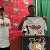 New ValleyCats pitcher Kumar Rocker is introduced at a news conference next to manager Pete Incaviglia on May 21, 2022. (Mark Singelais)