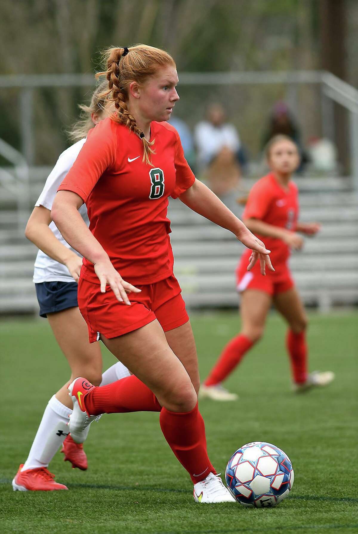 The Woodland's Ellen Persson works the ball upfield against Tomball Memorial during their first round matchup in the Lady Highlander Invitational: The War in the Woods played at the Gosling Sports Complex in The Woodlands on Jan. 6, 2022.
