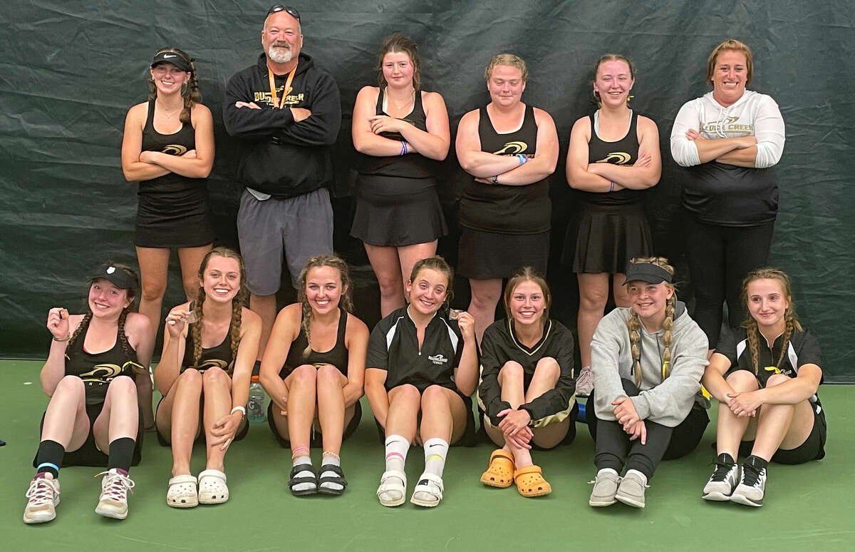 Members of Bullock Creek's girls' tennis team who earned the program's first-ever state final berth are (front, from left) Adreannah Diamond, Autumn Brown, Emma Somerville, Hillary Anderson, Taylor Mathey, Kaylee Hillard, Allison McMan; and (back, from left) Hanna Somerville, coach Darren Kalina, Emma Stern, Hannah Rivard, Ashlyn McDonald, and assistant coach Talaya Schilb.