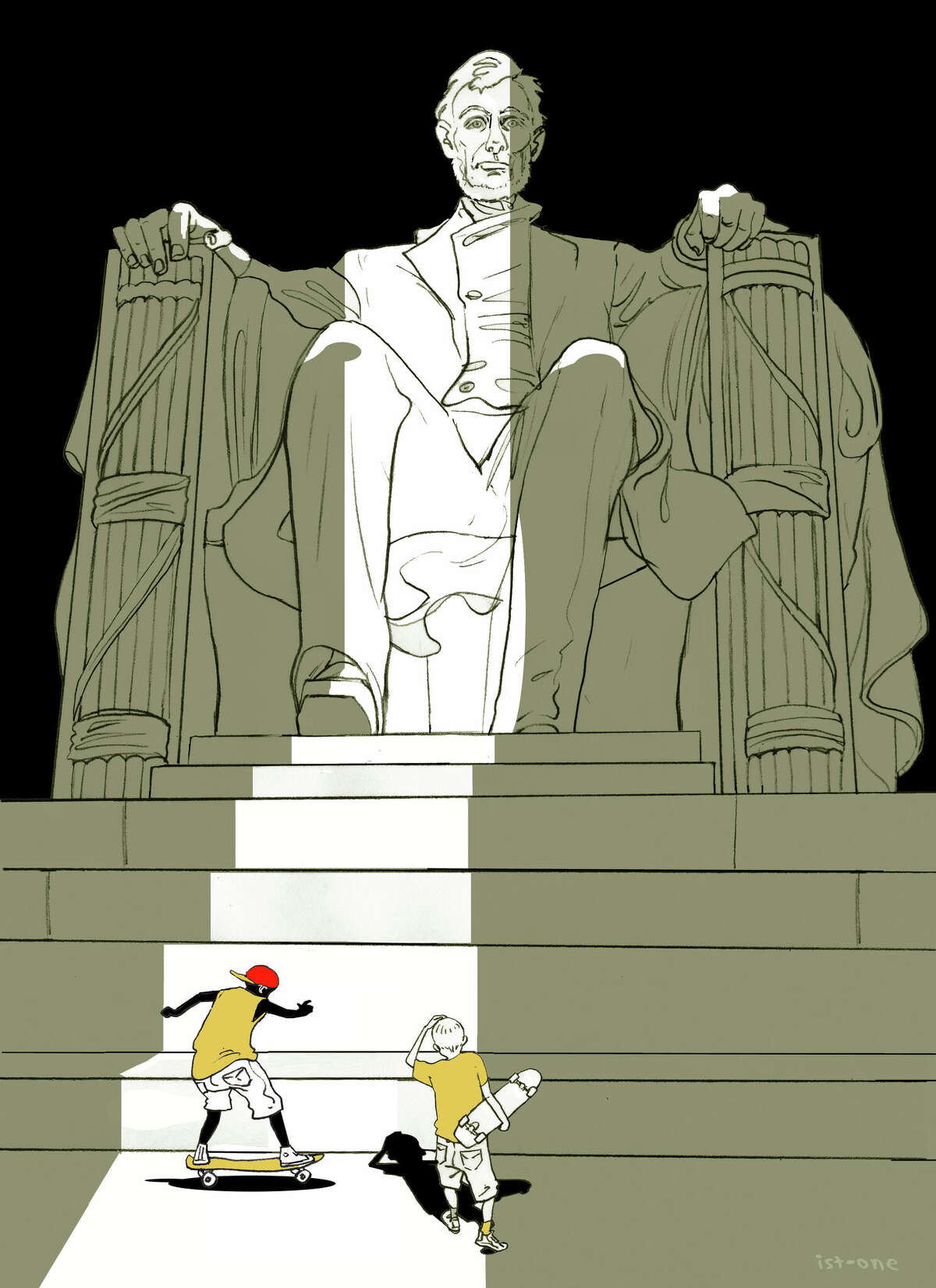 IstvanBanyaiSet in Stone,2008Illustration forSet in Stone: Abraham Lincoln and the Politics of Memoryby Thomas Mallon,The New Yorker, October 13, 2008DigitalImage©Istvan Banyai. All rights reserved