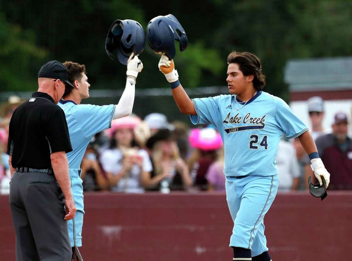 Ethan Uribe #24 of Lake Creek hits a solo home run in the second inning of Game 2 of a Region III-5A quarterfinal high school baseball playoff series at Magnolia High School, Friday, 20, 2022, in Magnolia.