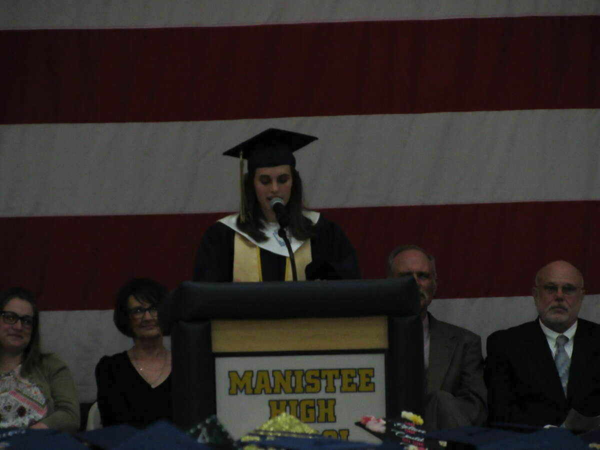 Valedictorian Solana Postma addresses those gathered for a graduation ceremony at Manistee Area Public Schools on Saturday.