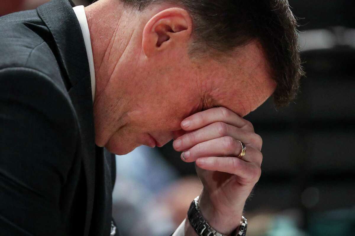 Oklahoma pastor Wade Burleson prays on the first day of the Southern Baptist Convention's annual meeting on Tuesday, June 11, 2019, in Birmingham. Burleson was one of multiple Southern Baptists who proposed motions related to sexual abuse during the first day of the SBC's annual meeting.