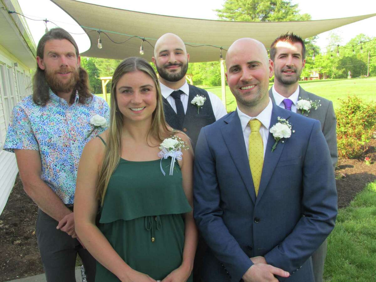 The Torrington High School Athletic Hall of Fame inducted five new members at its annual banquet, at Winsted's Green Woods Country Club. Front row, left to right, Krista Traub, Garrett Perusse. Back row, left to right, Steve Pretak, Dean Tsopanides, Scott Richnavsky.