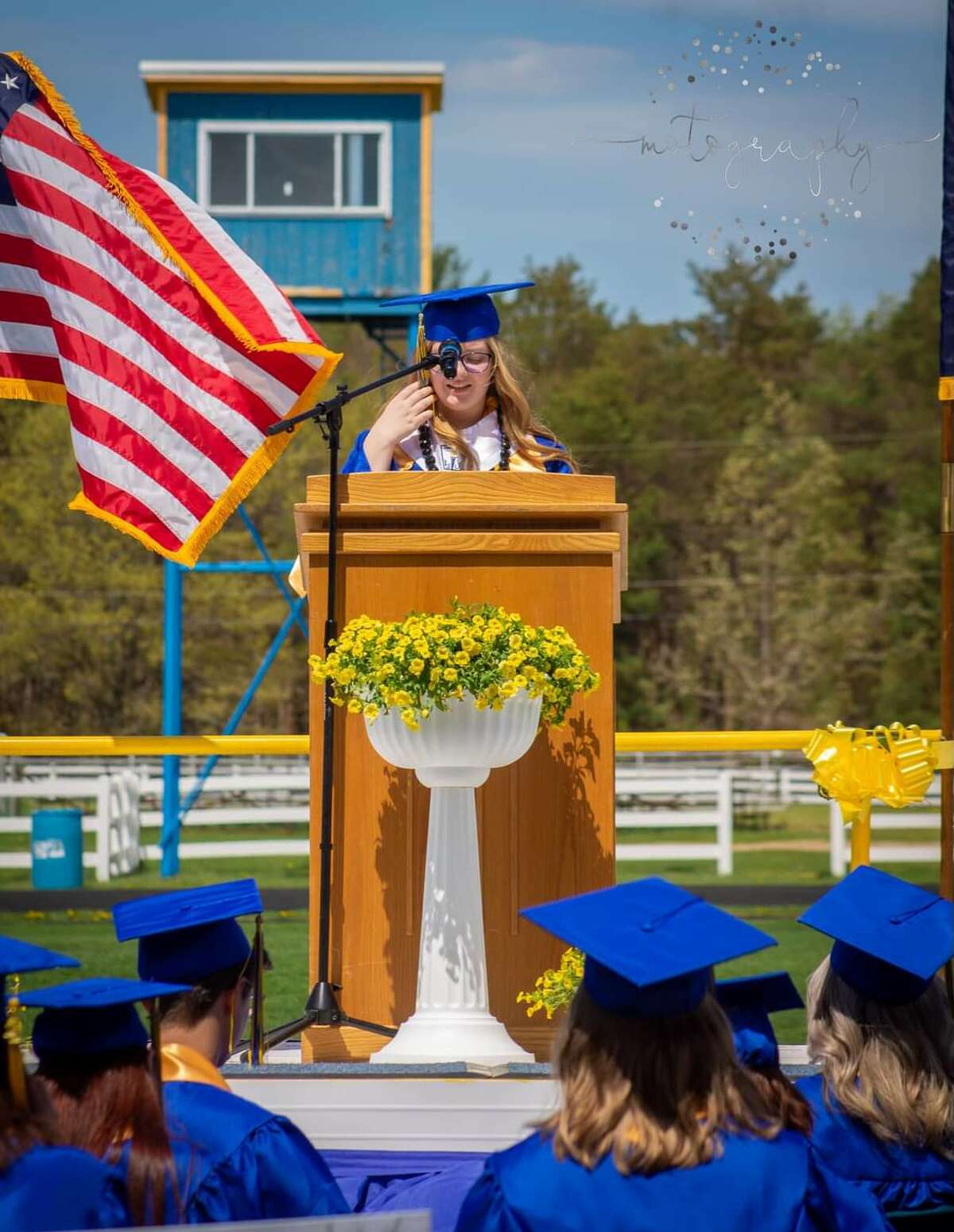 The Evart High School Class of 2022 held its commencement ceremony on May 15 at the Tom Smith Memorial Stadium. Valedictorian Samantha DePew addresses the graduates.
