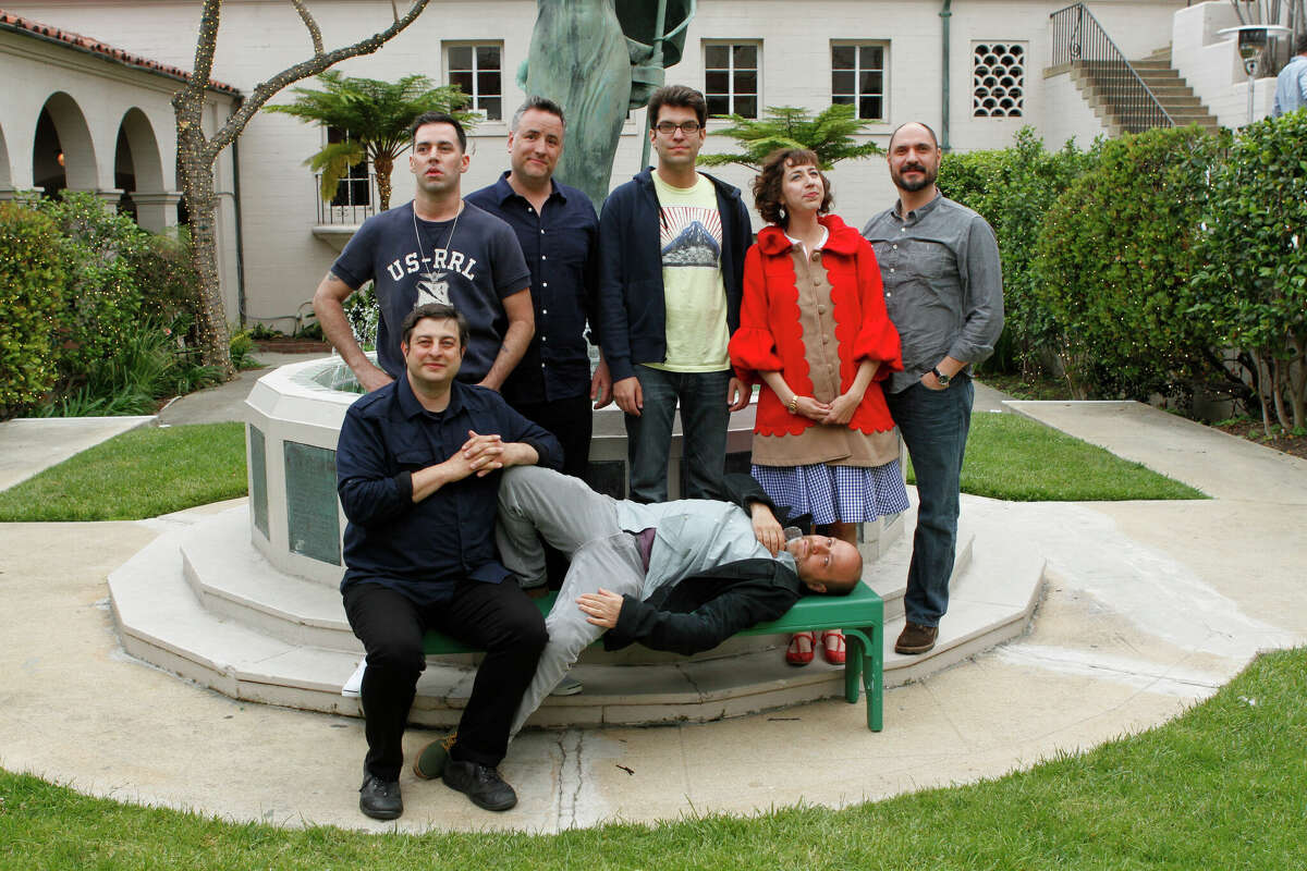 The cast of Bob's Burgers at the WIlshire Ebell Theatre Club House on May 7, 2013 in Los Angeles: Eugene Mirman (Gene), John Roberts (Linda), Larry Murphy (Teddy), Dan Mintz (Tina), H. Jon Benjamin (Bob), Kristen Schaal (Louise) and creator and executive producer Loren Bouchard.