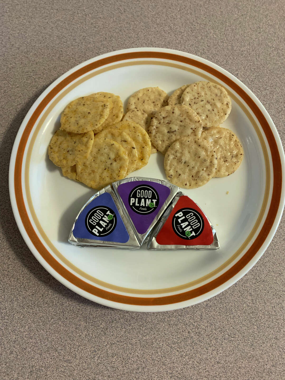 Vegan cheese wedges in Pepper Jack, Smoked Gouda, and Original