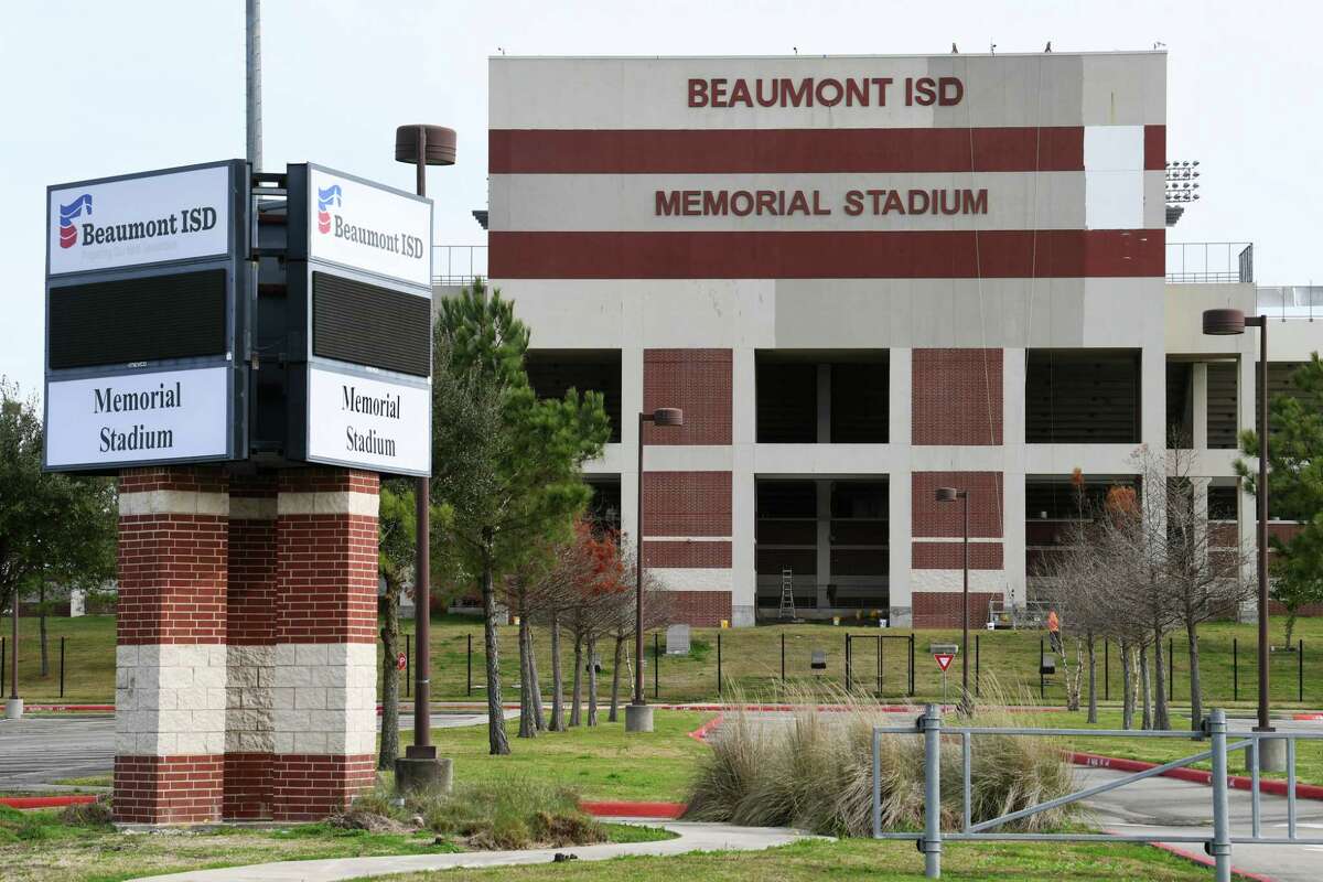 Nearing completion, new signage for Memorial Stadium can be seen on the Beaumont Independent School District's football stadium. The signage came after a three-year long debate to change the name from the Carrol A. "Butch" Thomas Educational Support Center. The name, Memorial Stadium, was chosen to reflect several schools in the district's history.Photo taken Monday, 1/7/19