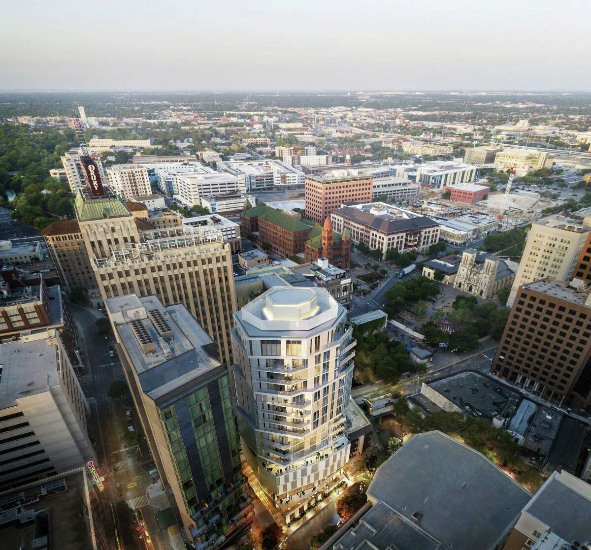 An aerial rendering of the Floodgate development in downtown San Antonio. Developer Keller Henderson expects the building to attract urban transplants from cities such as Los Angeles, New York and Chicago, as well as locals interested in walking to restaurants, bars and entertainment venues.