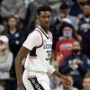 Connecticut's Samson Johnson in the second half of an NCAA college basketball game, Saturday, Dec. 4, 2021, in Storrs, Conn. (AP Photo/Jessica Hill)