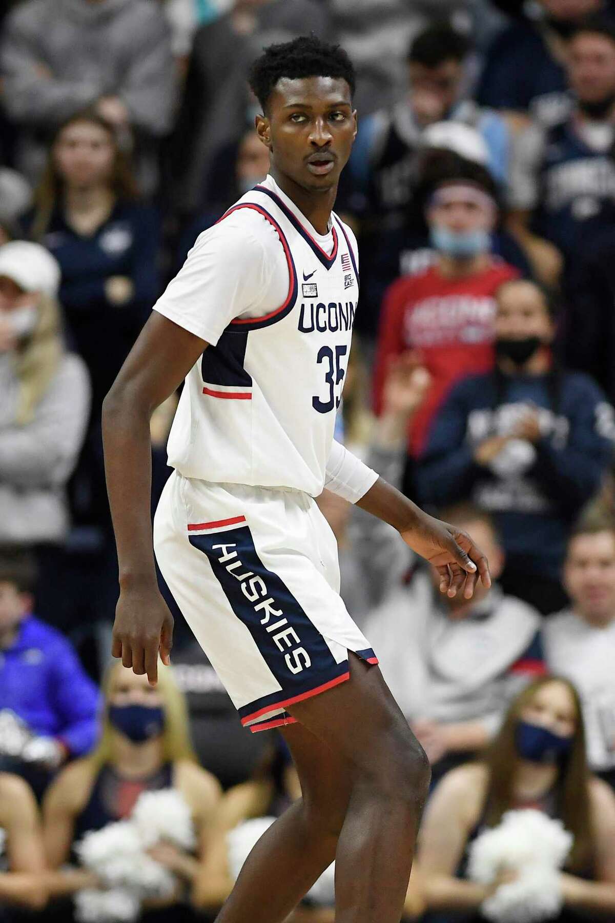 Connecticut's Samson Johnson in the second half of an NCAA college basketball game, Saturday, Dec. 4, 2021, in Storrs, Conn. (AP Photo/Jessica Hill)
