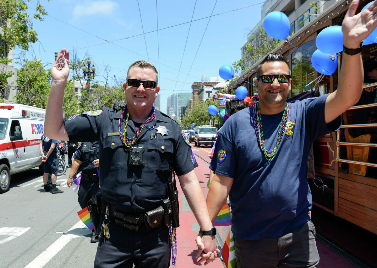 Police officers walk during the San Francisco Pride Parade on June 30, 2019, in San Francisco. 