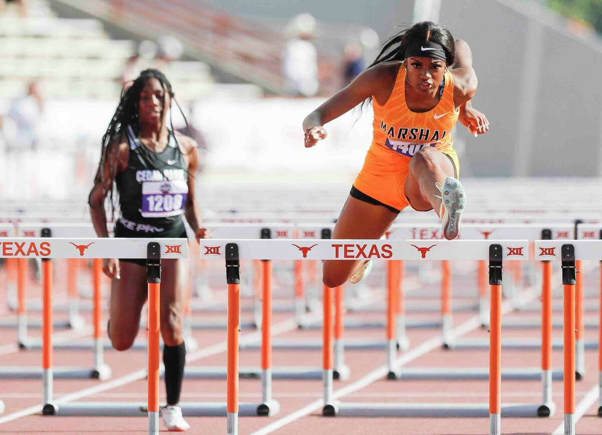 Tairah Johnson of Fort Bend Marshall took first in the Class 5A girls 100-meter hurdles during the UIL State Track & Field Championships at Mike a Myers Stadium, Friday, May 13, 2022, in Austin.