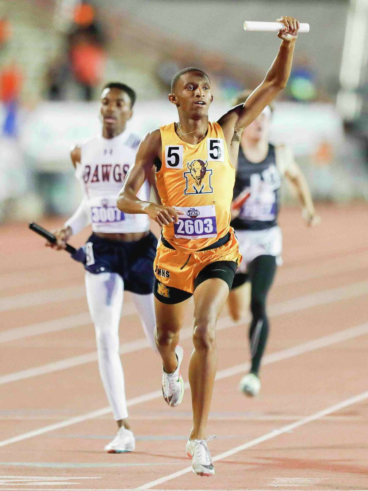 Chris Brinkley of Fort Bend Marshall reacts after leading the Buffaloes to a first-place finish in the Class 5A boys 1,600-meter relay during the UIL State Track & Field Championships at Mike a Myers Stadium, Friday, May 13, 2022, in Austin.