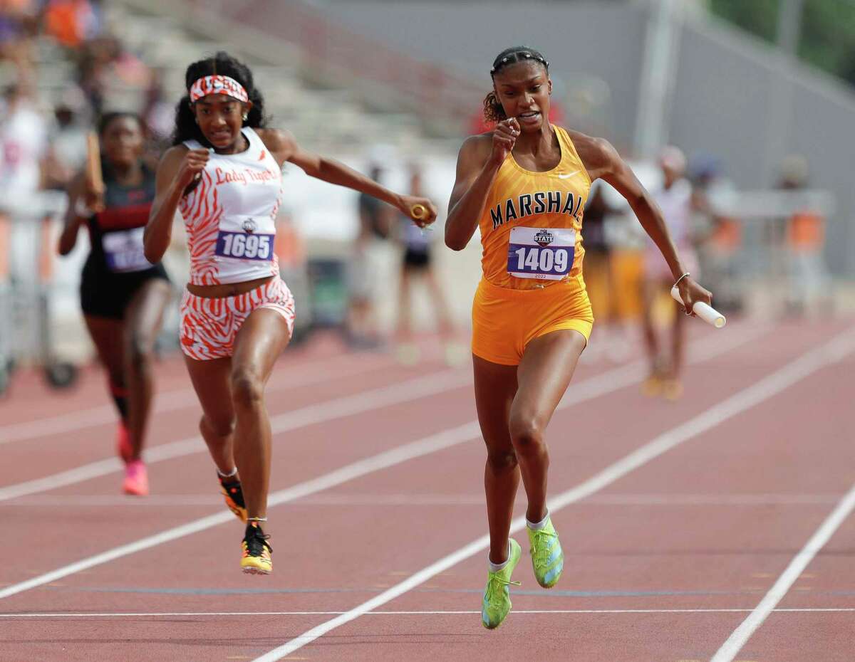 Fort Bend Marshall competes in the Class 5A girls 400-meter relay during the UIL State Track & Field Championships at Mike a Myers Stadium, Friday, May 13, 2022, in Austin.