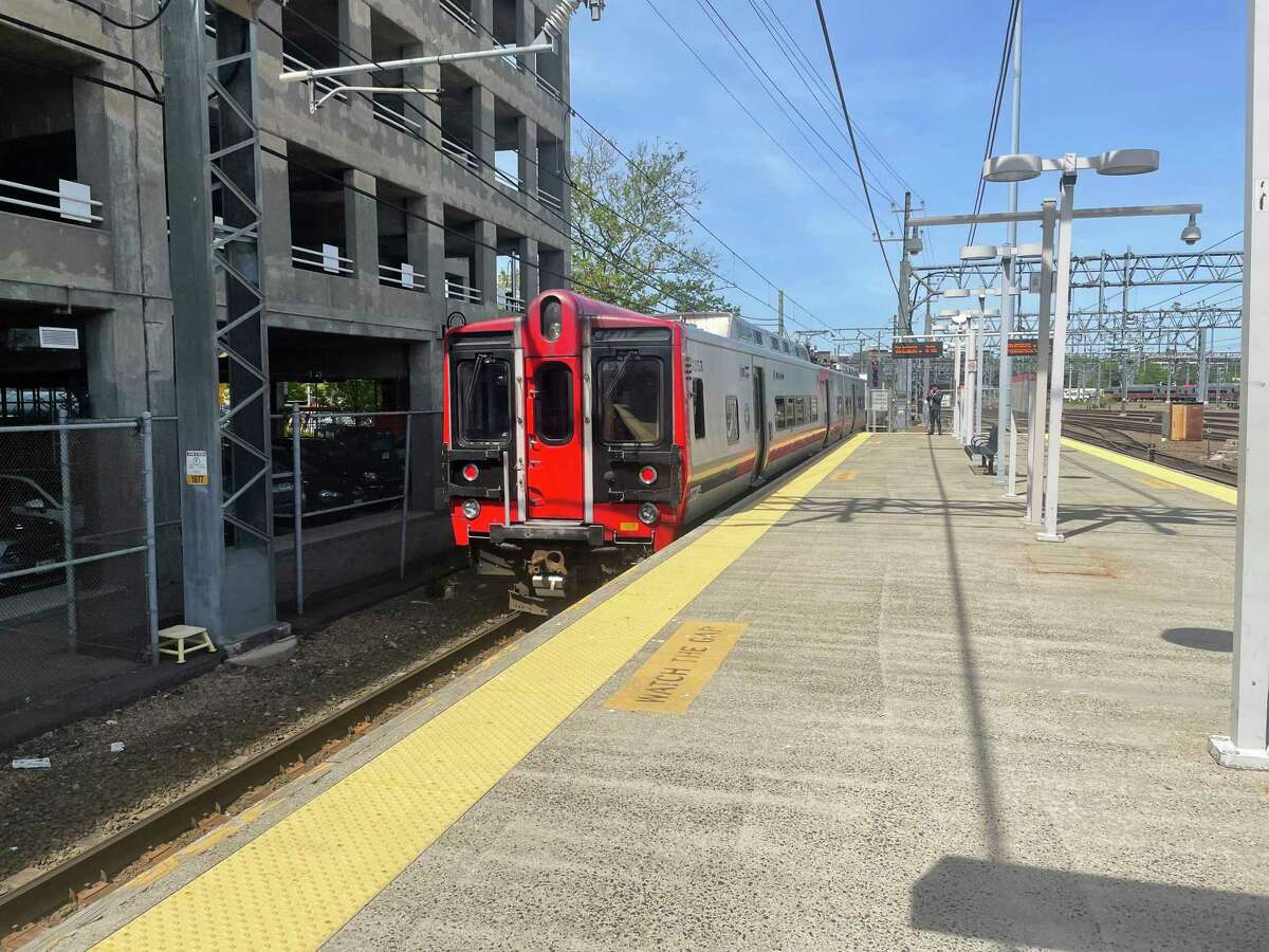 The M8 electric trains make their debut ride out of New Haven's Union Station on the Shore Line East on May 23, 2022. The electric trains produce no carbon emissions.