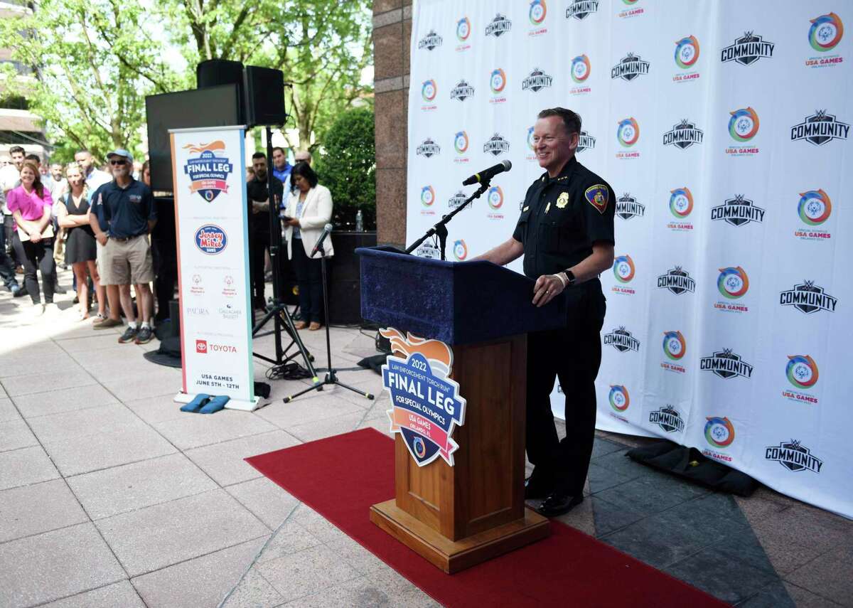 Stamford Police Chief Tim Shaw speaks during the 2022 Special Olympics USA Games Law Enforcement Torch Run rally outside the WWE headquarters in Stamford, Conn. Monday, May 23, 2022. The torch run is a two week journey to carry the iconic Flame of Hope torch to its final destination in Orlando, the location of this year's Special Olympic USA Games.