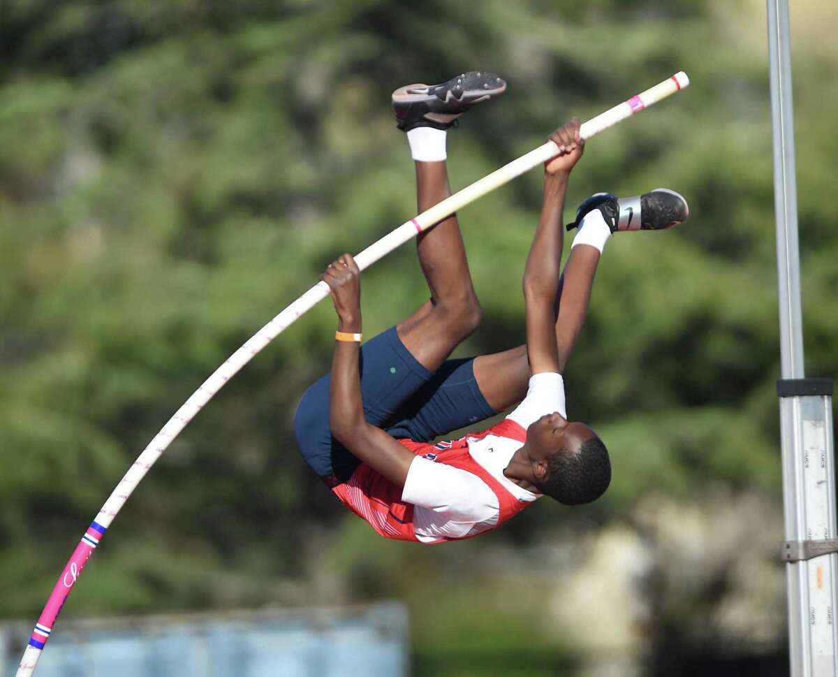 Dublin freshman Khaliq Muhammad won the boys vault at the North Coast Section Meet of Champions. His sophomore sister, Jathiyah, won the same event in the girls competition with a meet-record and state-leading 14 feet.