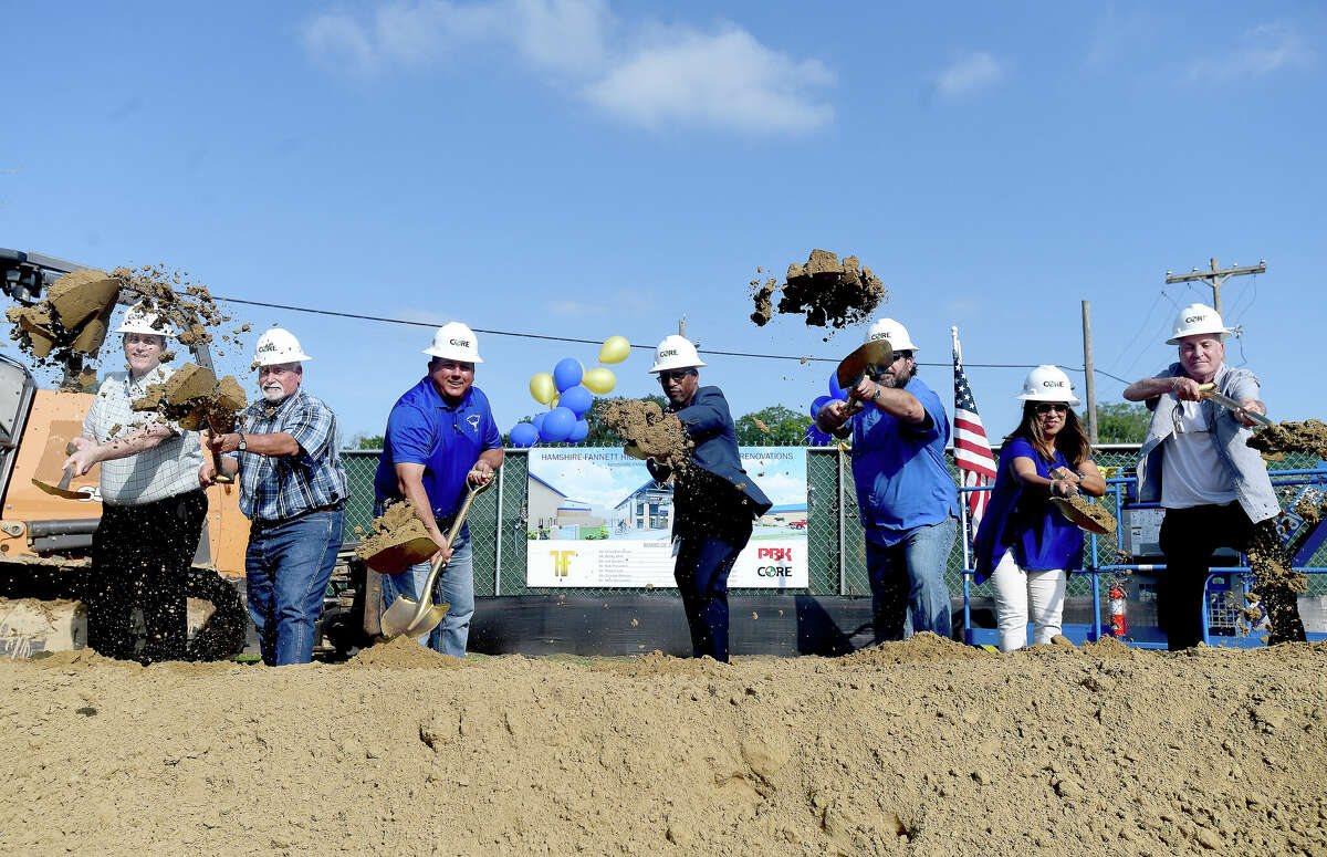 A groundbreaking ceremony was held at Hamshire-Fannett High School Monday. Photo made Monday, May 23, 2022. Kim Brent/The Enterprise
