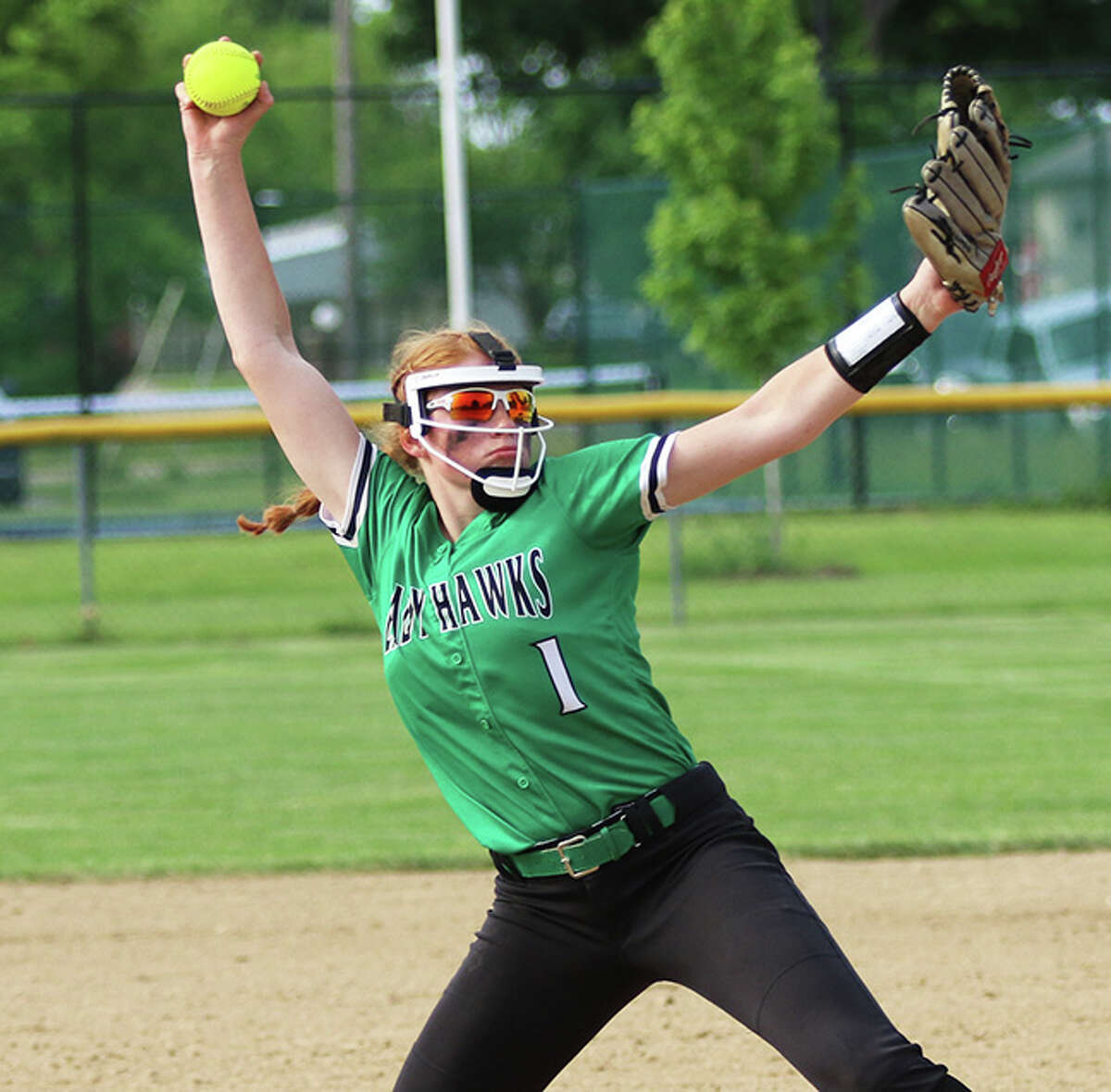 Carrollton pitcher Lauren Flowers delivers to the plate against Nokomis on Monday in the title game of the Bunker Hill Class 1A Regional.