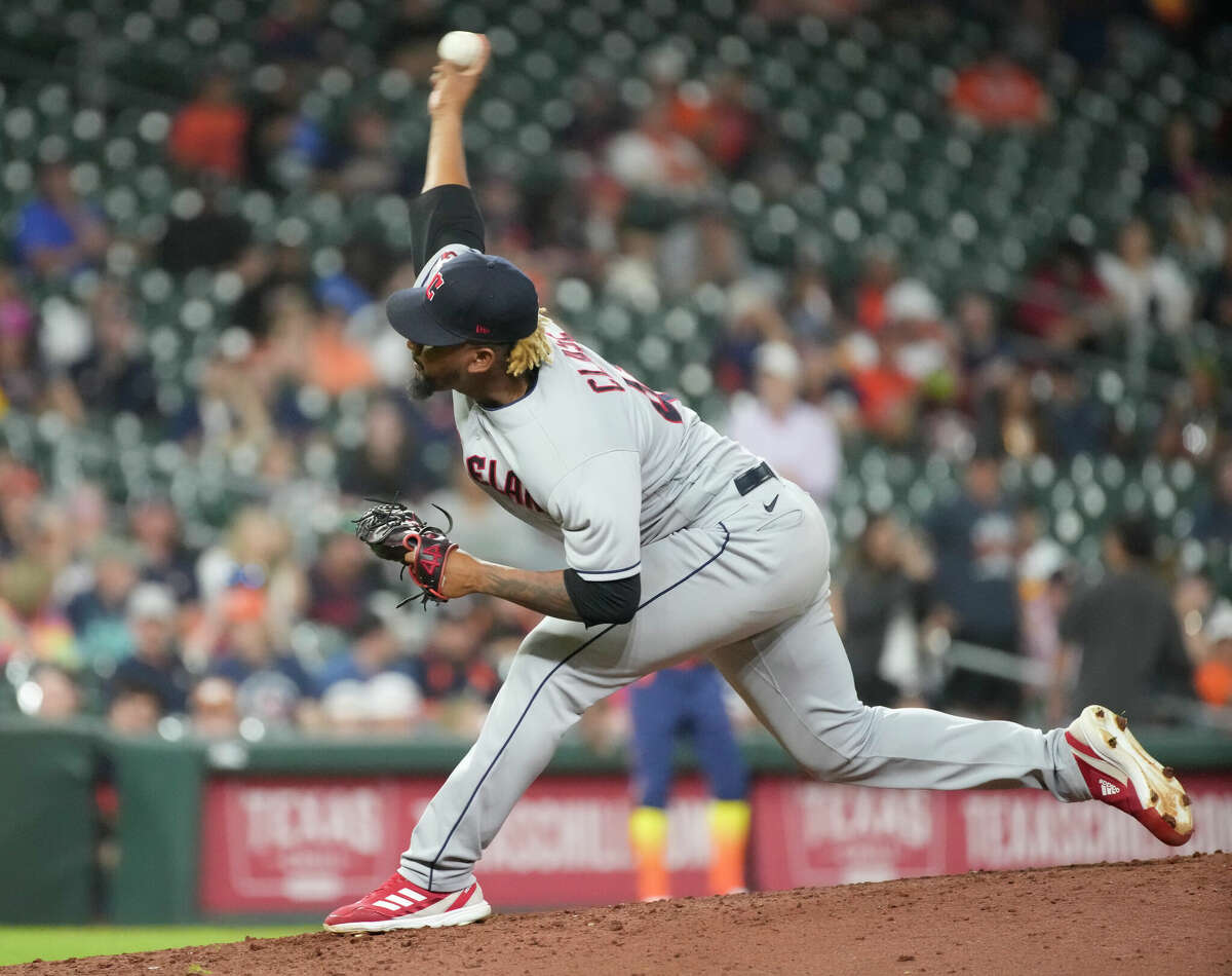 Cleveland Guardians relief pitcher Emmanuel Clase (48) pitches during the ninth inning of an MLB game Monday, May 23, 2022, at Minute Maid Park in Houston.