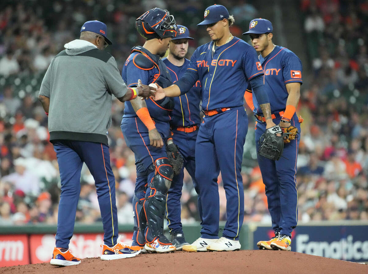 Houston Astros relief pitcher Bryan Abreu (66) is relieved during the seventh inning of an MLB game Monday, May 23, 2022, at Minute Maid Park in Houston.