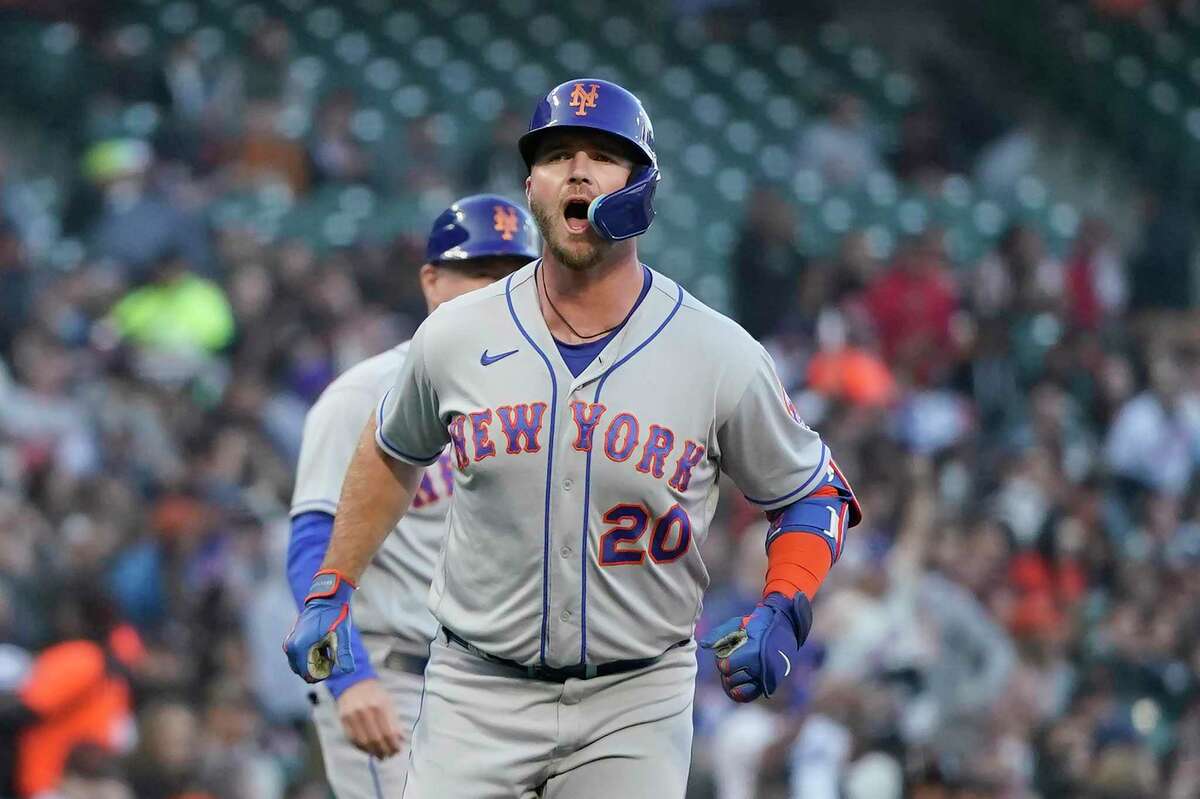 New York Mets' Pete Alonso rounds the bases after hitting a three-run home run against the San Francisco Giants during the third inning of a baseball game in San Francisco, Monday, May 23, 2022. (AP Photo/Jeff Chiu)