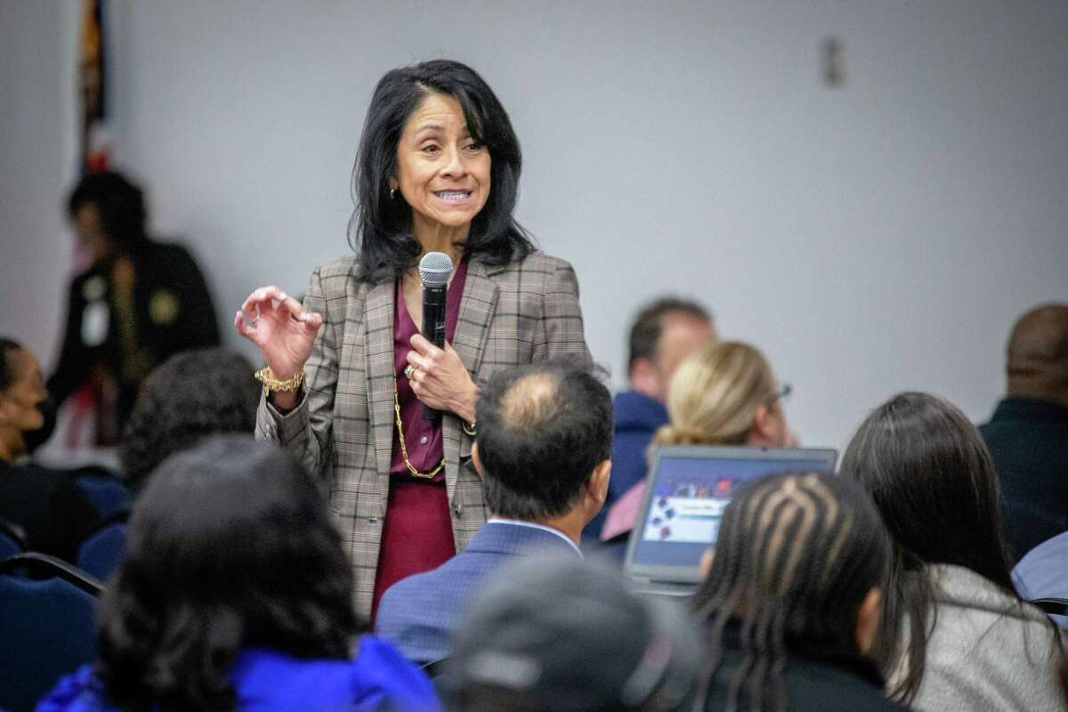 Spring ISD Superintendent Lupita Hinojosa speaks to employees during a Central Support Staff meeting held in March 2022.