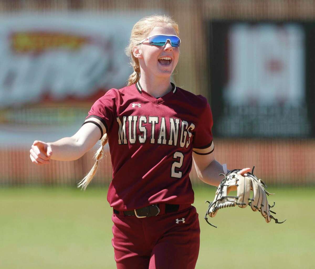 Magnolia West shortstop Hailey Toney (2) reacts after turning a double play in the second inning of a District 19-5A high school softball game at Magnolia West High School, Saturday, March 19, 2022, in Magnolia.