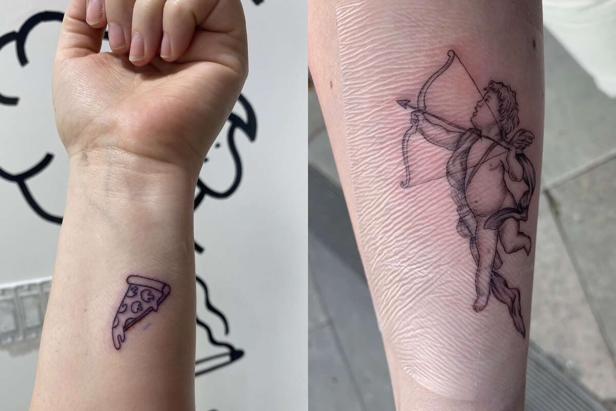 A fresh tattoo of mine and my friend’s, moisturized and covered in Saniderm.