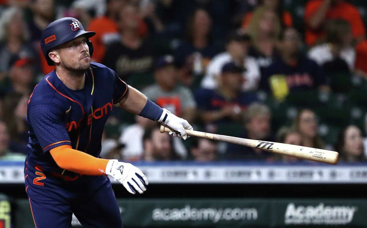 Alex Bregman of the Houston Astros hits a solo home run in the seventh inning against the Cleveland Guardians at Minute Maid Park on May 23, 2022 in Houston.
