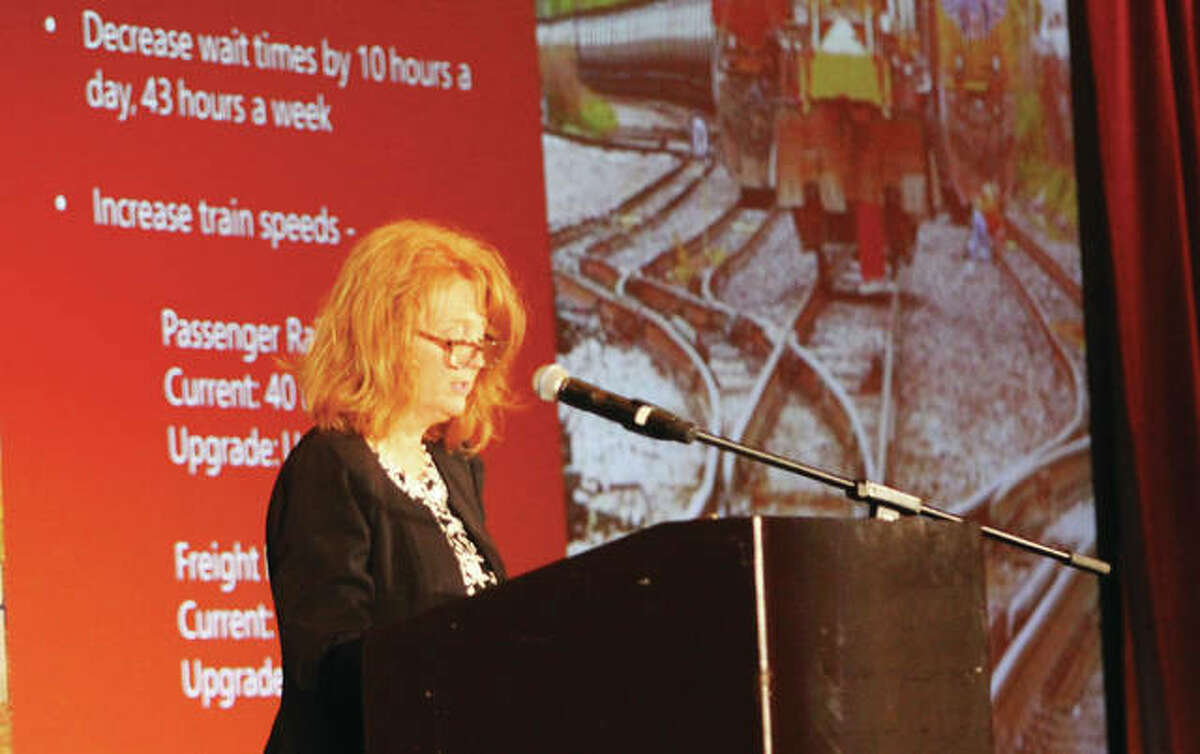 Mary Lamie, executive director of St. Louis Regional Freightway, talks about the need for improvements at the Union Pacific Lenox Tower in Mitchell, during a Freight Summit luncheon held as part of FreightweekSTL, a four-day conference that ended Thursday.