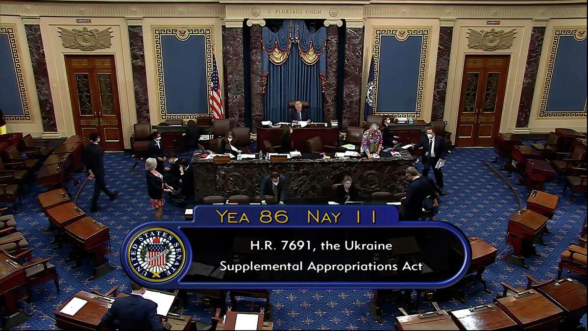 This image from Senate Television video shows the final vote — 86 to 11 — as the U.S. Senate overwhelmingly approved a $40 billion infusion of military and economic aid for Ukraine and its allies on May 19, as both parties rallied behind America’s latest financial salvo against Russia’s invasion.